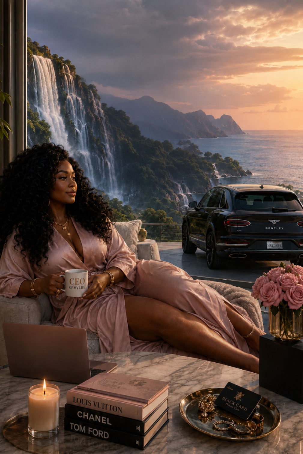 Woman in a robe sitting by a scenic waterfall with a car and sunset in the background