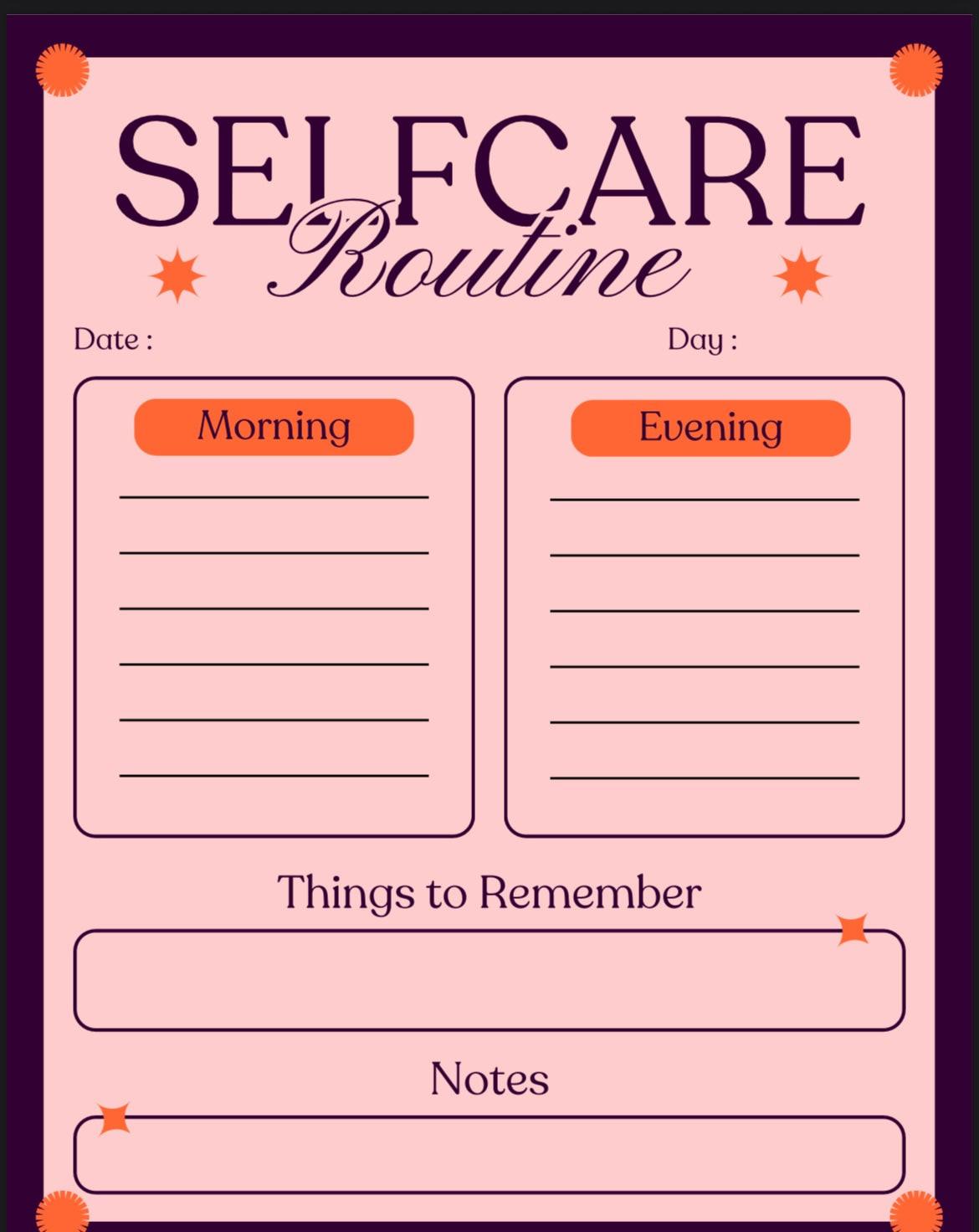 Self-care routine planner with sections for morning, evening, things to remember, and notes on a pink background.