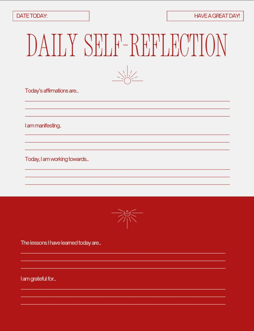 Daily self-reflection sheet with a red and white design