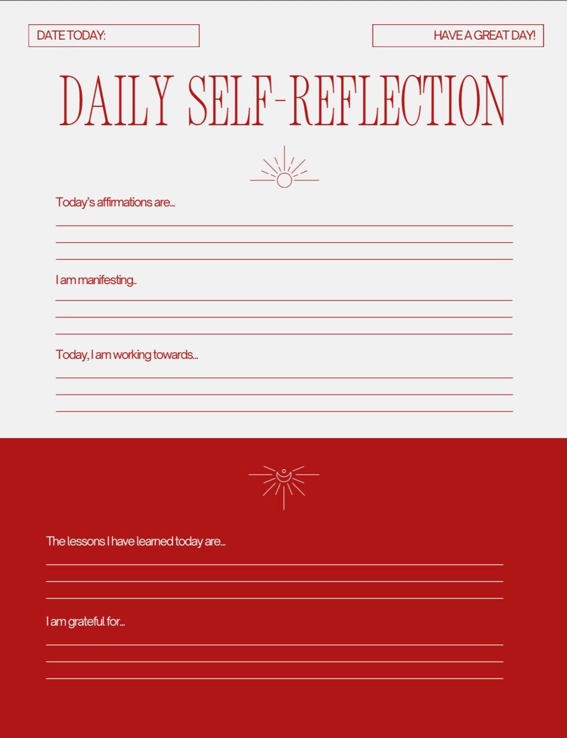 Daily self-reflection sheet with a red and white design