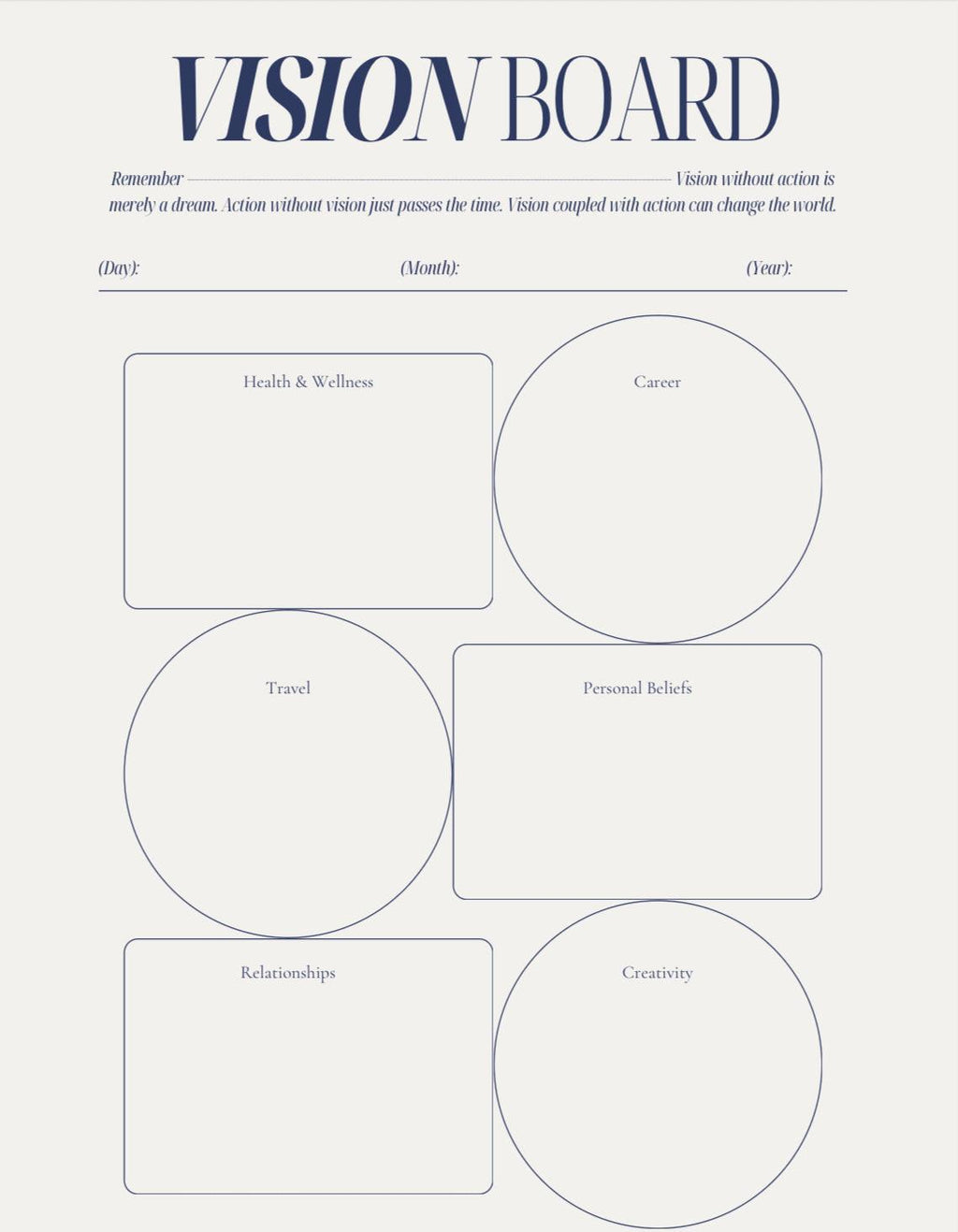 Vision board template with various sections for personal goals on a white background