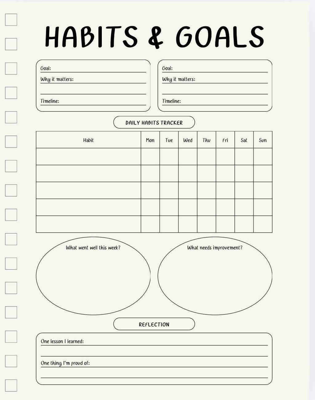 Habits and goals tracker with daily habit tracking section on a white background