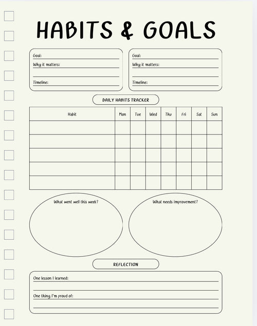 Habits and goals tracker with daily habits tracking section on a light purple background