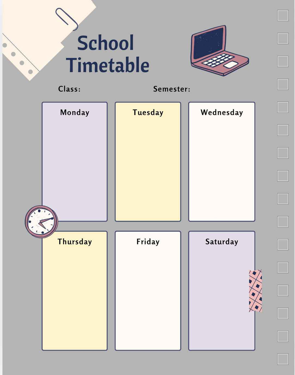 School timetable with days of the week on a gray background