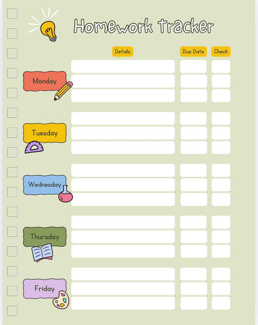 Homework tracker with days of the week labels on a light green background