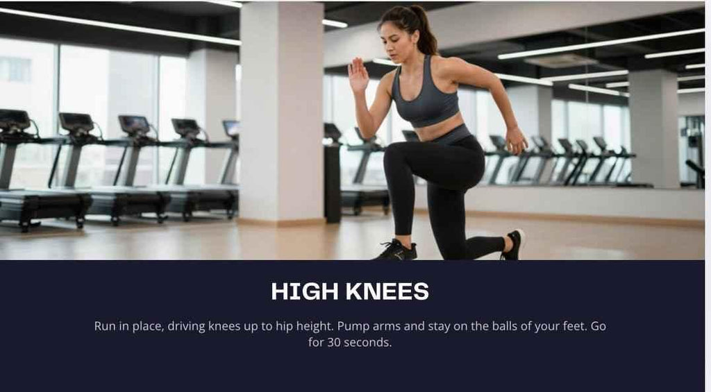 Woman performing high knees exercise in a gym setting