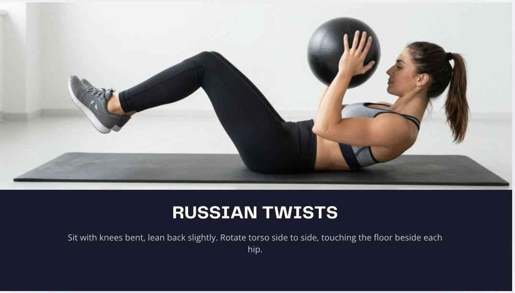 Woman performing Russian twists with a medicine ball on a mat.