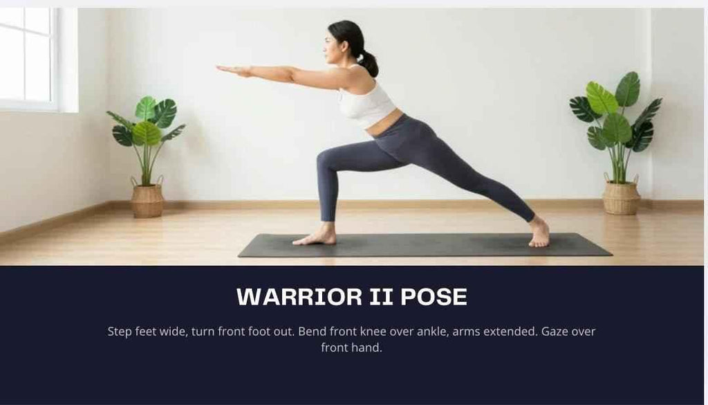 Woman performing Warrior II pose in a bright room with plants