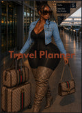 Woman in an airport with luggage and handbags, text overlay 'Travel Planner'.
