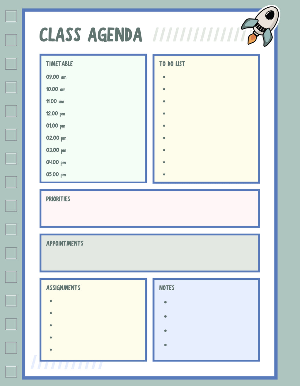 Class Agenda with a timetable list, to do list, priorities, appointments, assignments, and note list
