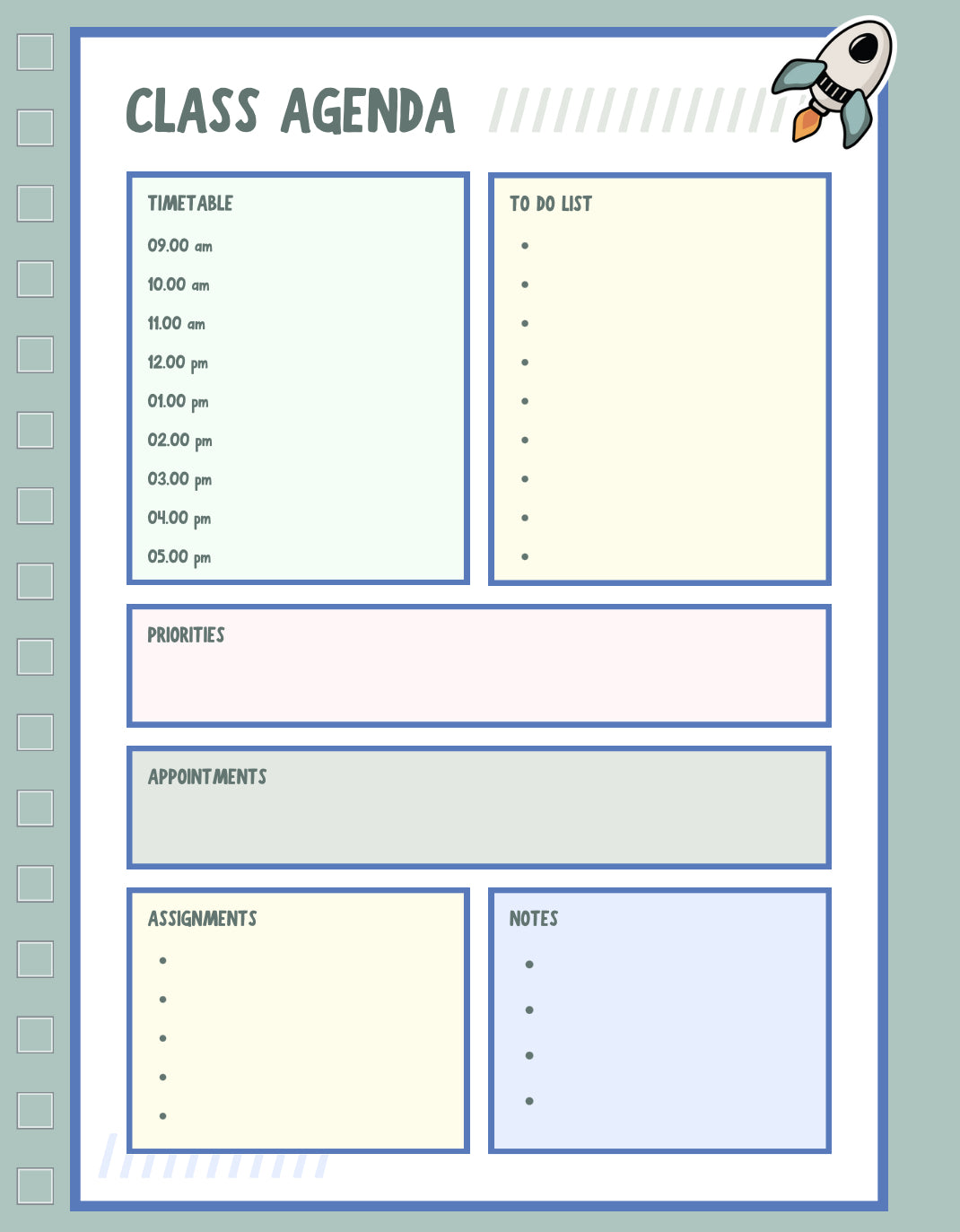 Class Agenda with a timetable list, to do list, priorities, appointments, assignments, and note list
