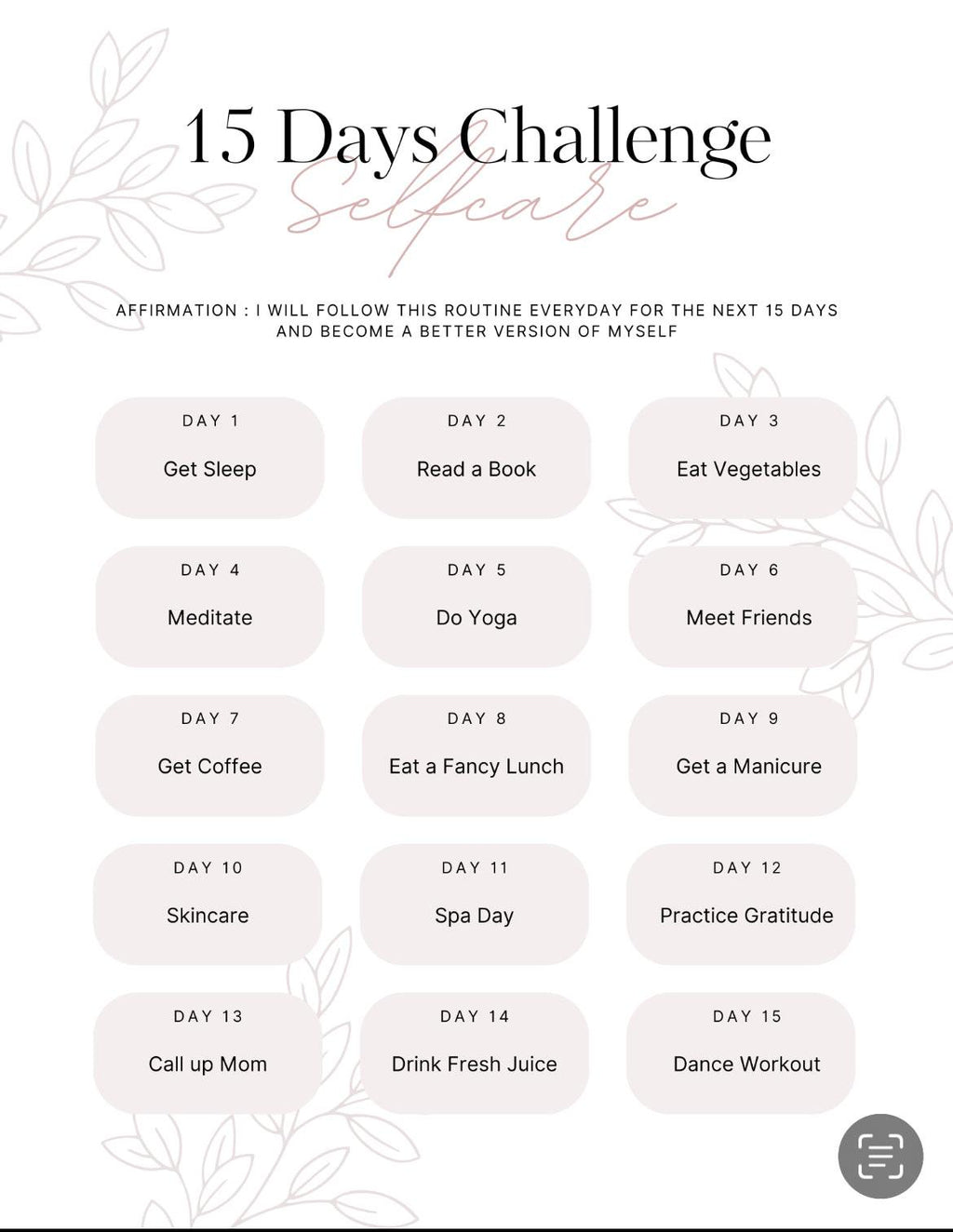 15 Days Self-Care Challenge with daily activities on a white background