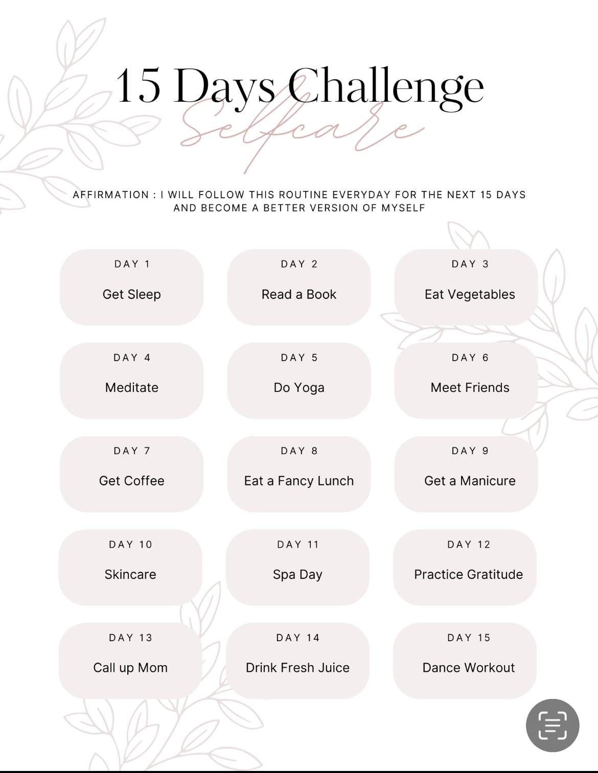 15 Days Self-Care Challenge with daily activities on a white background