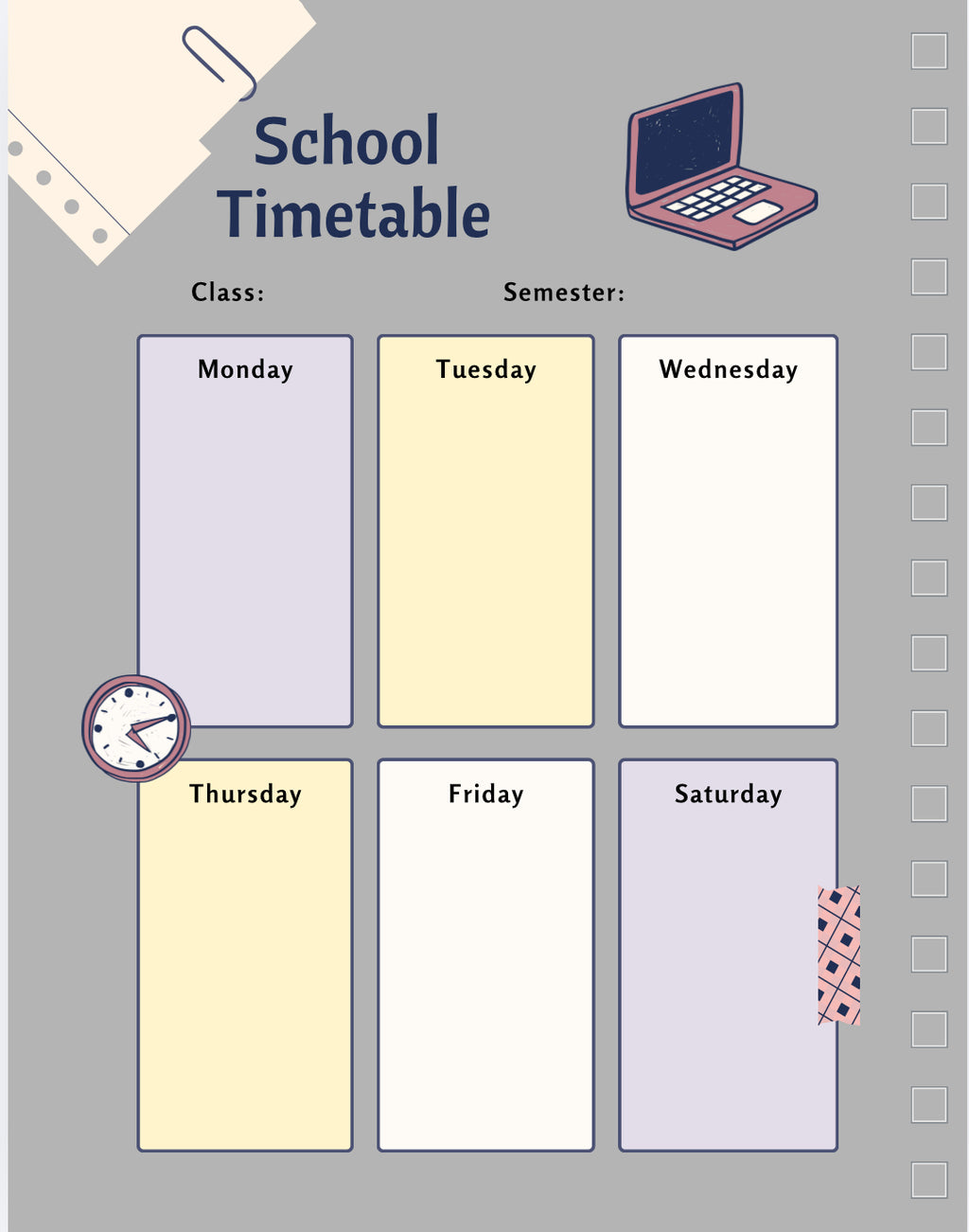 School timetable with days of the week on a gray background