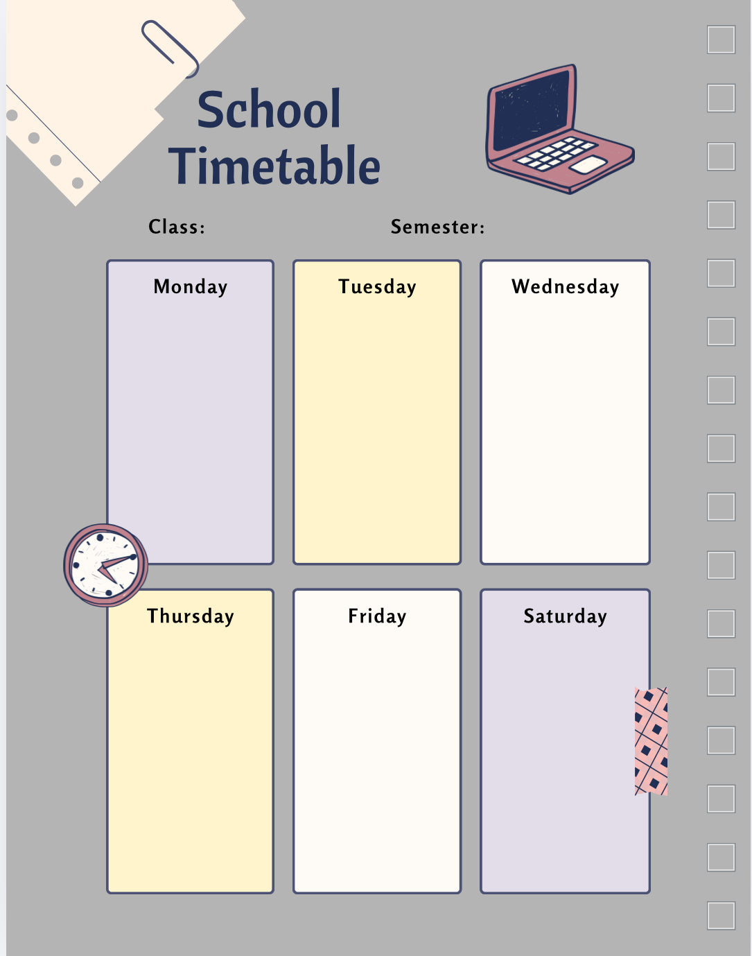 School timetable with days of the week on a gray background