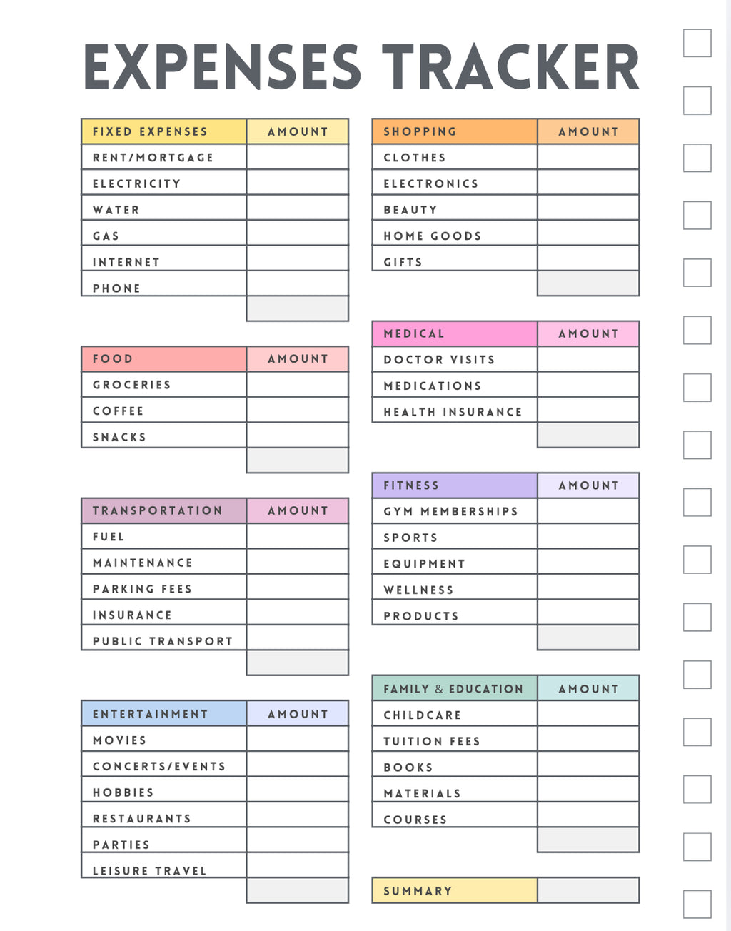 Expenses tracker with various categories and checkboxes
