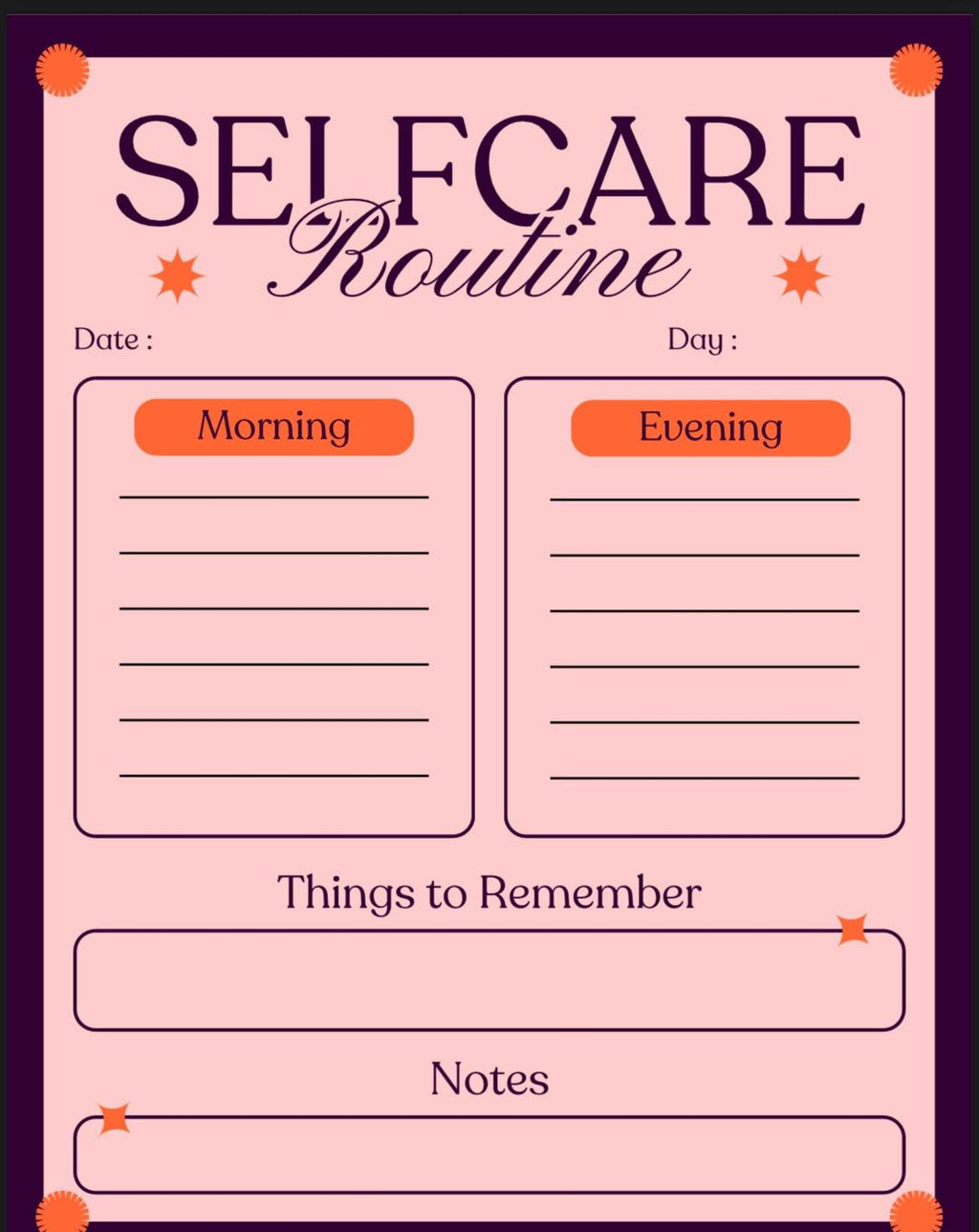 Self-care routine planner with sections for morning, evening, things to remember, and notes on a pink background.