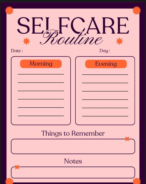 Self-care routine planner with sections for morning, evening, things to remember, and notes on a pink background.