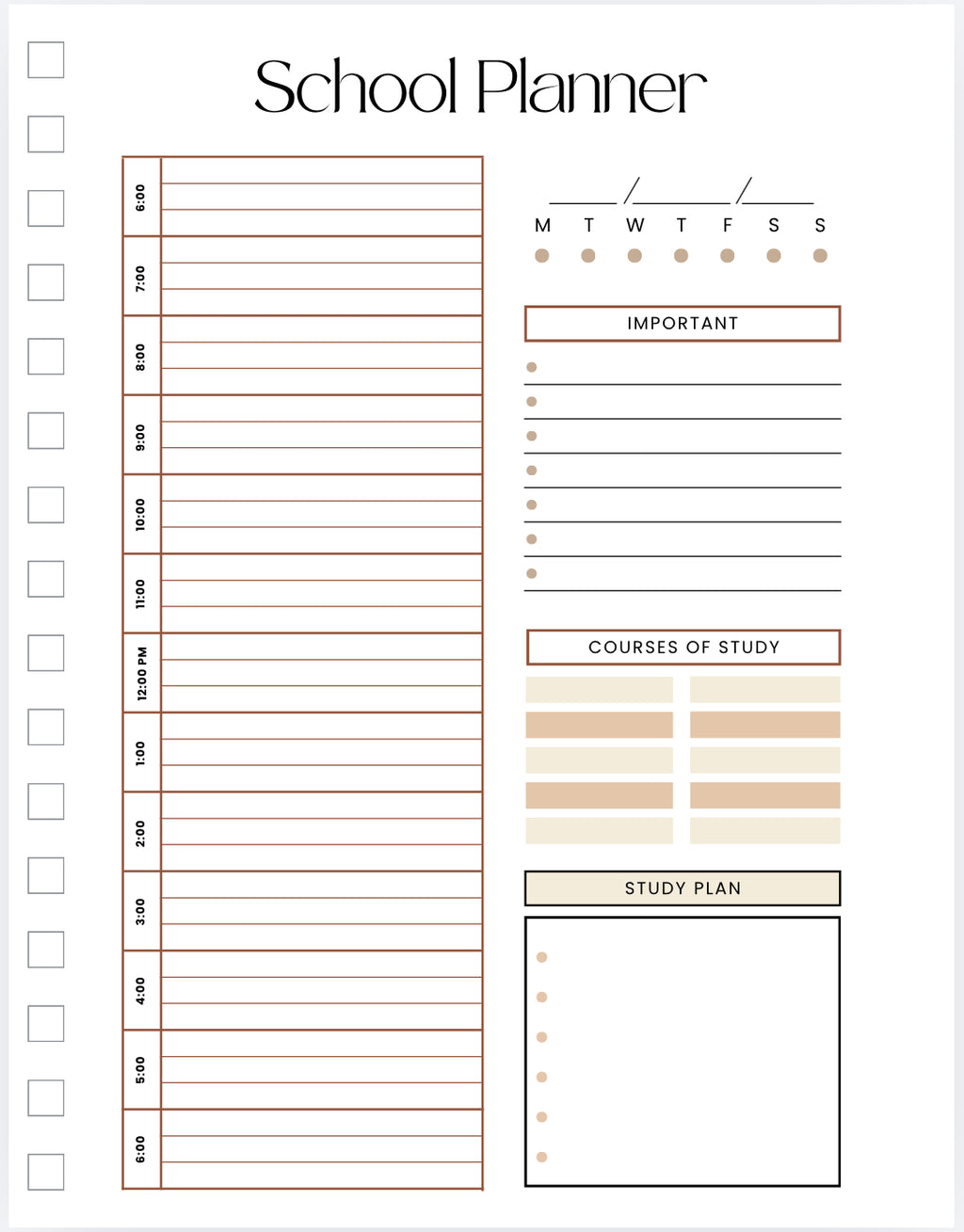 School planner with time slots, course of study, and study plan sections on a white background.