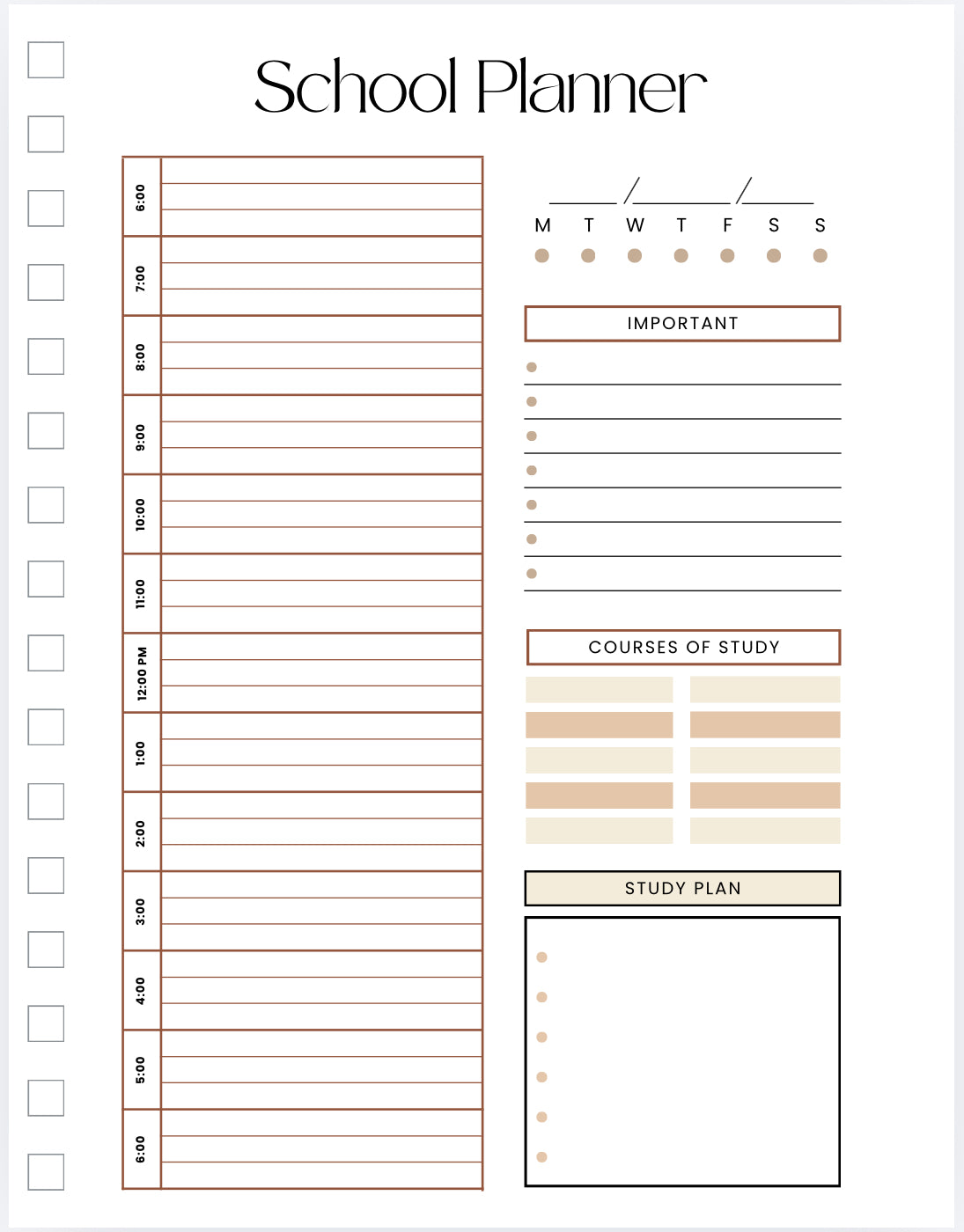 School planner with time slots, course of study, and study plan sections on a white background.