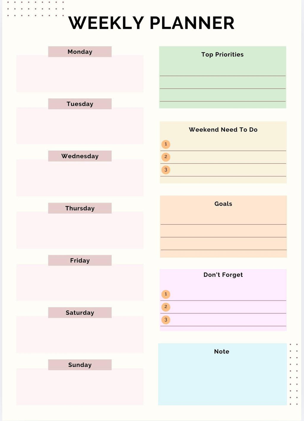 Weekly planner with colorful sections for different days of the week and tasks.