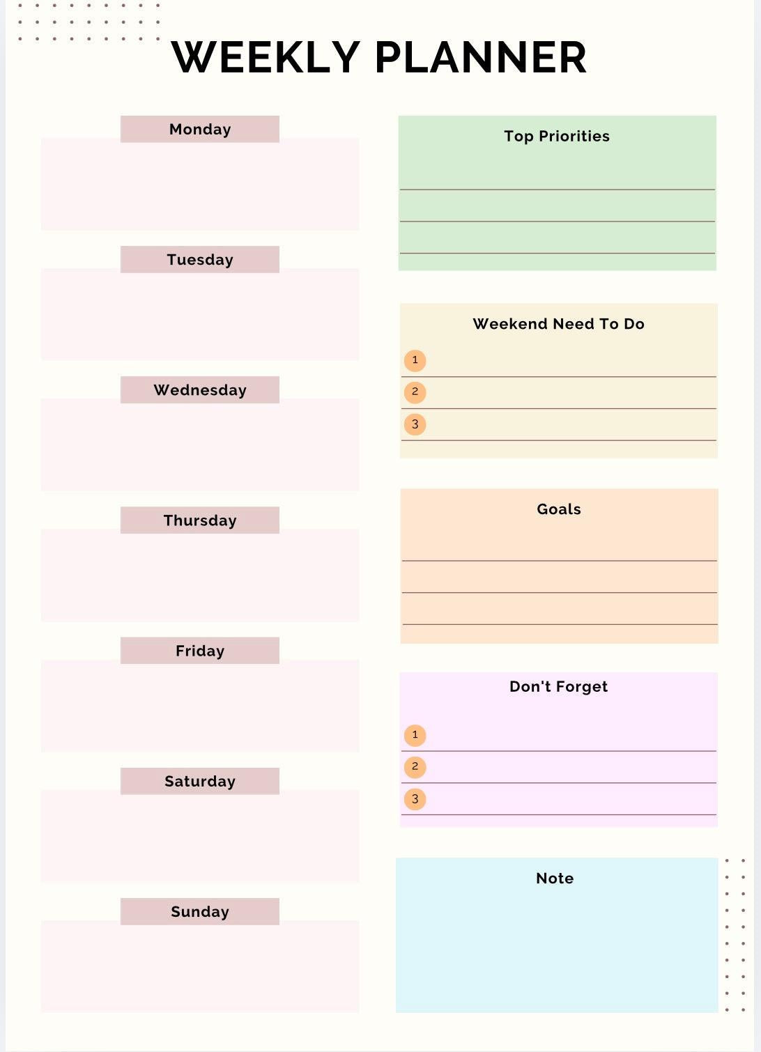Weekly planner with colorful sections for different days of the week and tasks.