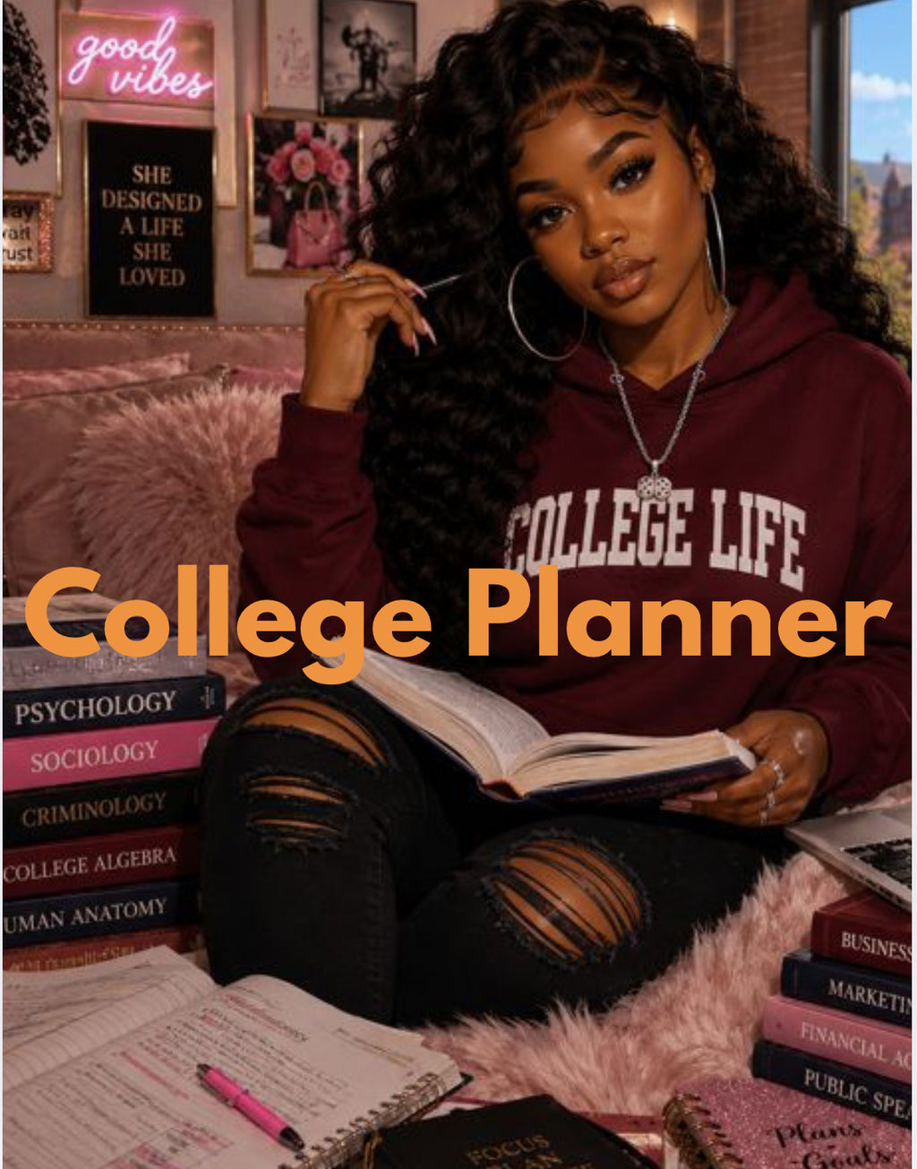 College Planner with brown skin girl wearing a burgundy hoodie surrounded with books with a book on her lap as well