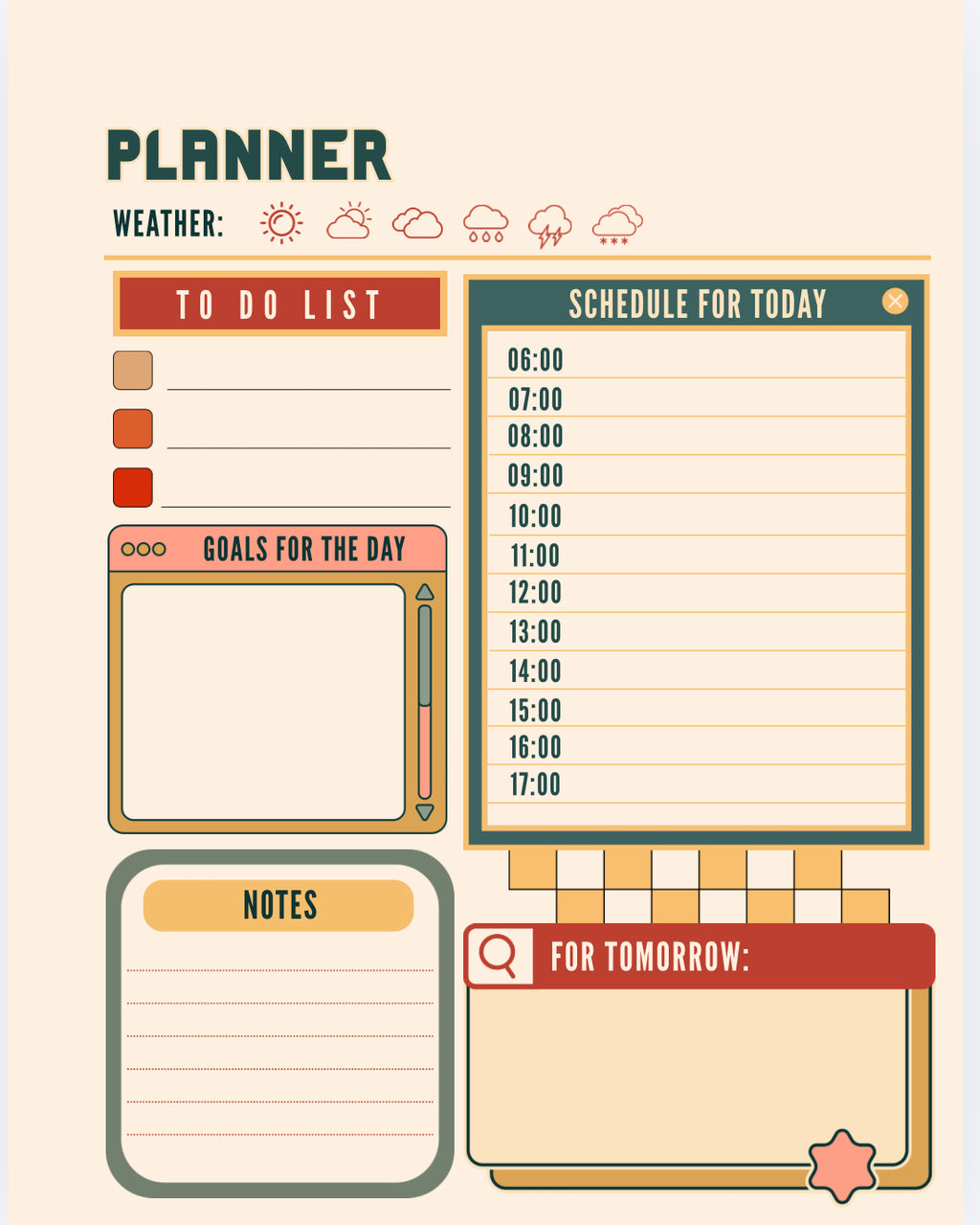 Planner with a to do list, schedule for today section, goals for the day, and a note section