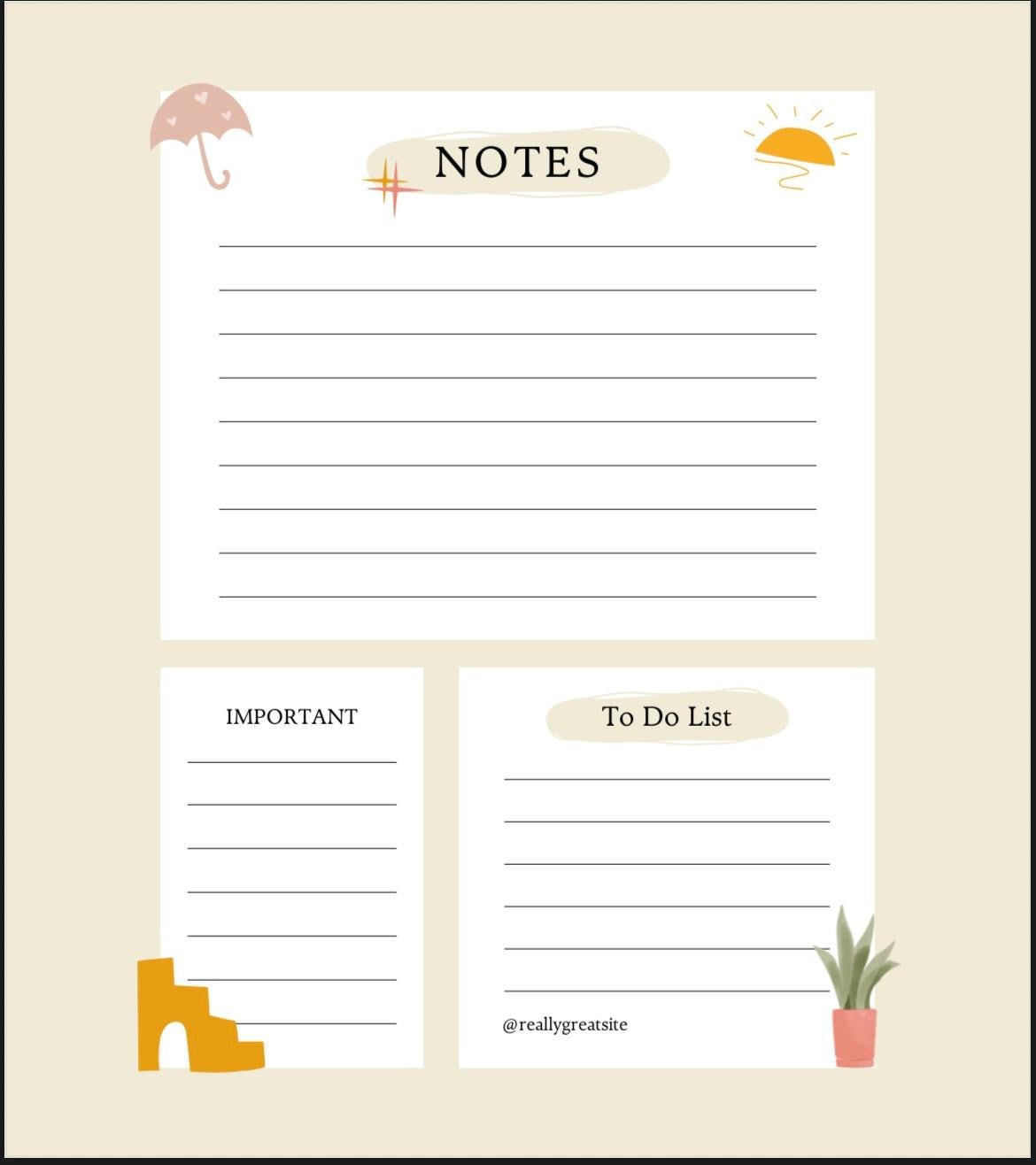 Notes worksheet that has a to do list section and an important section