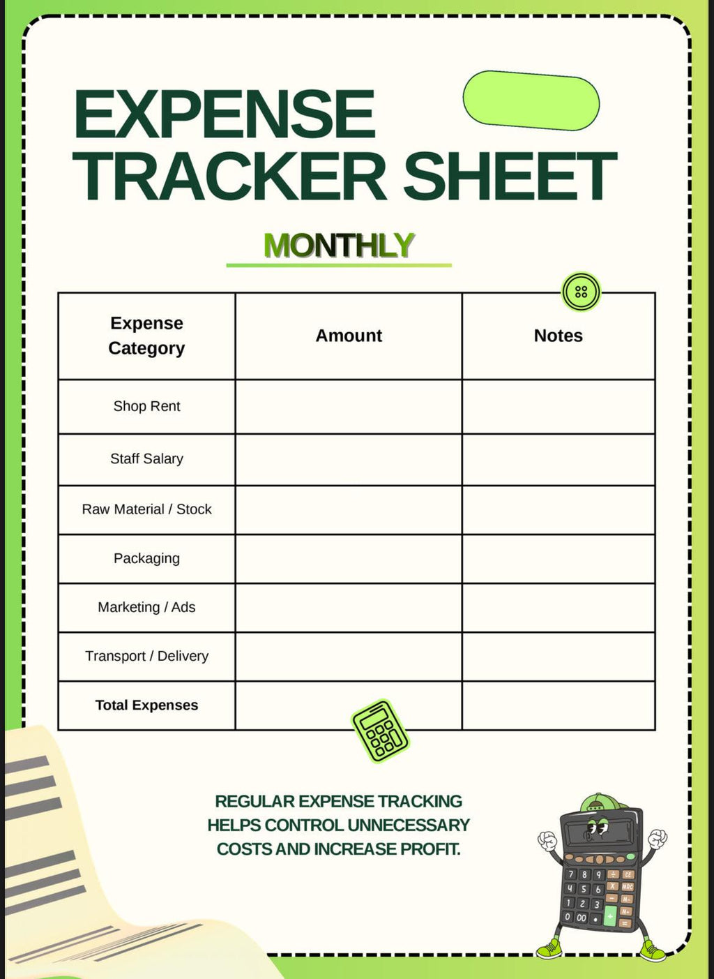 Expense tracker sheet with categories for monthly expenses on a green background