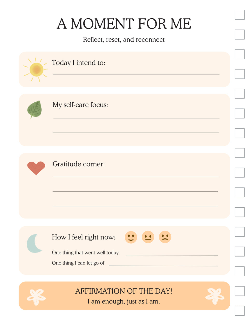 Self-care reflection form with various sections for daily activities and affirmations.