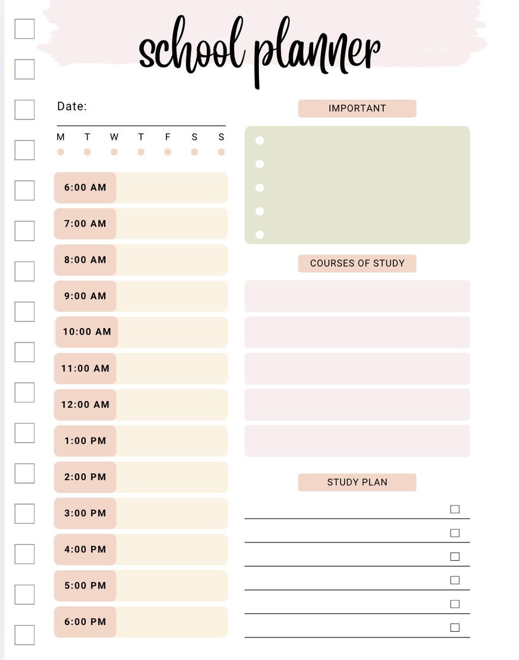 School planner that is pink white and green with a time format on the planner  a study plan section courses   of study section and a important section