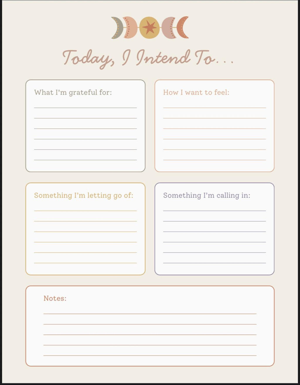Intention setting worksheet with moon phase design on a light background