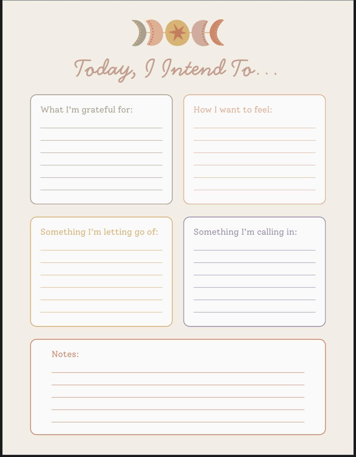 Intention setting worksheet with moon phase design on a light background