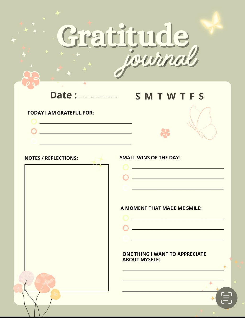 Gratitude journal template with floral designs on a light green background