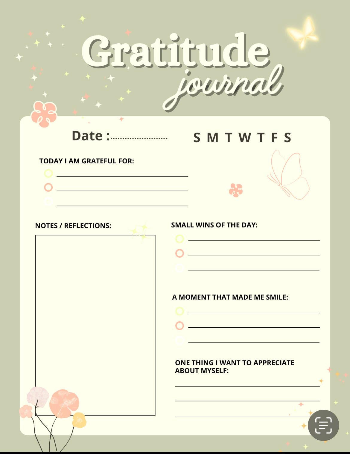 Gratitude journal template with floral designs on a light green background