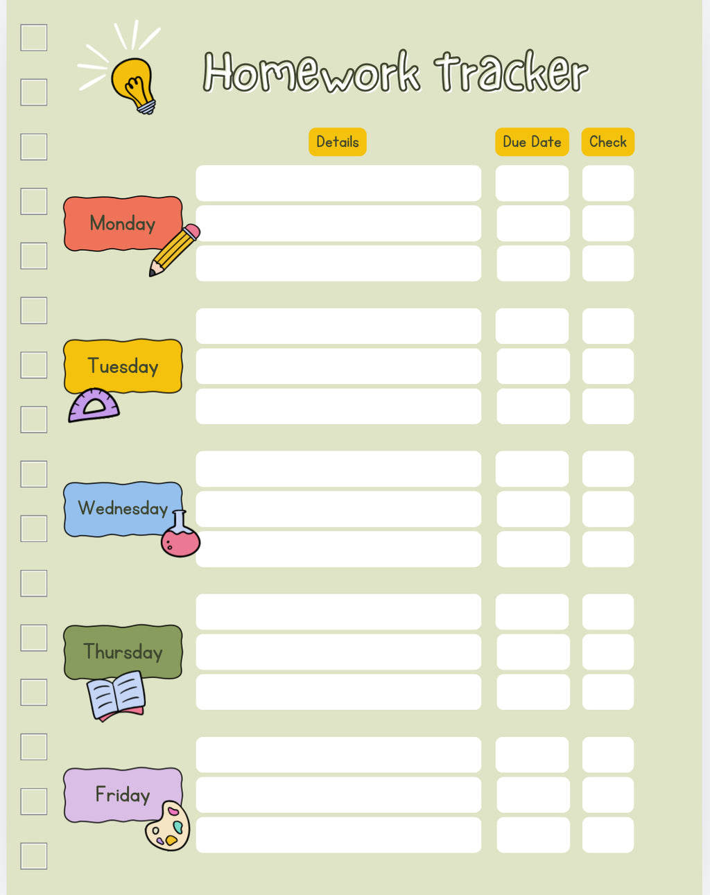 Homework tracker with days of the week labels on a light green background