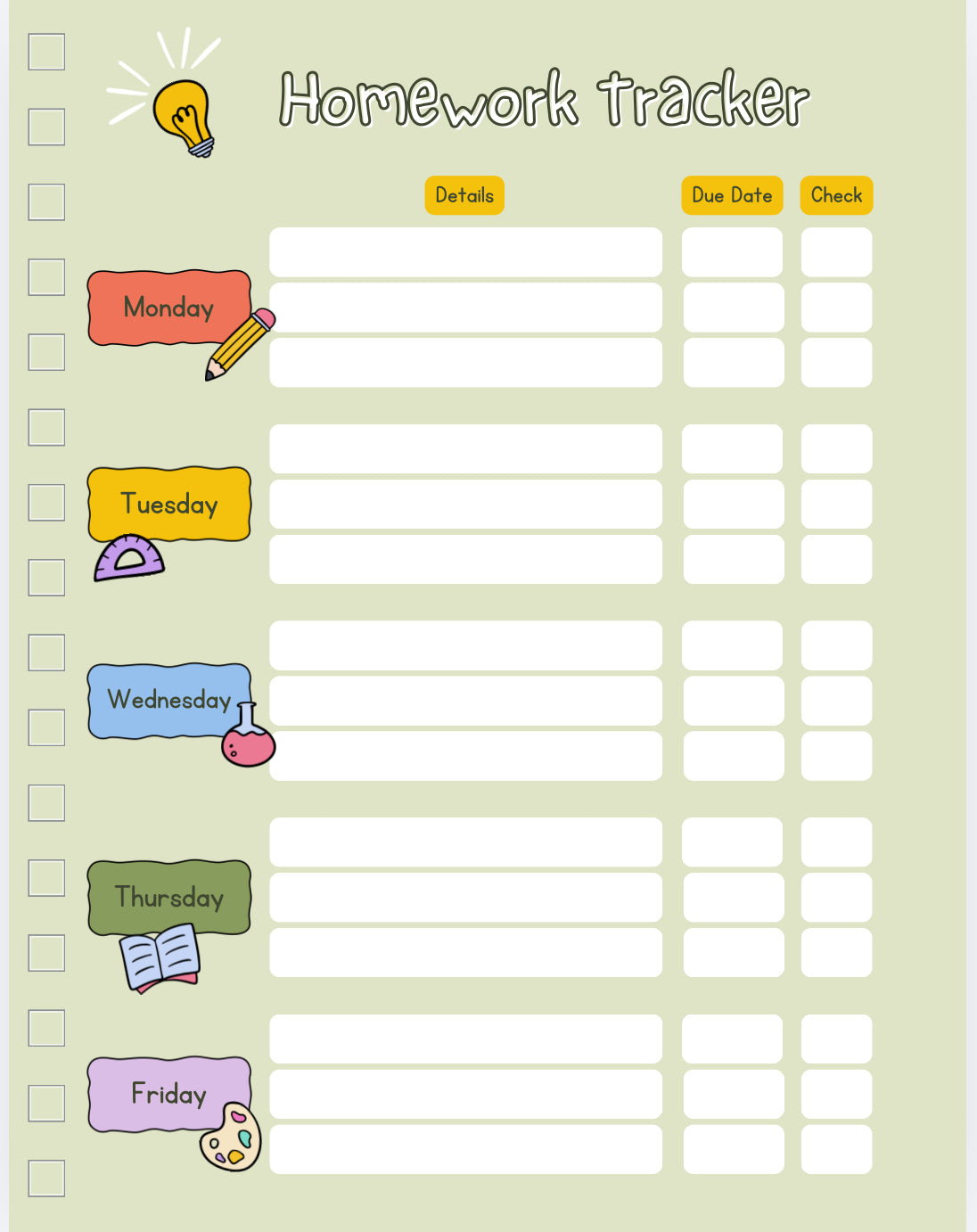 Homework tracker with days of the week labels on a light green background