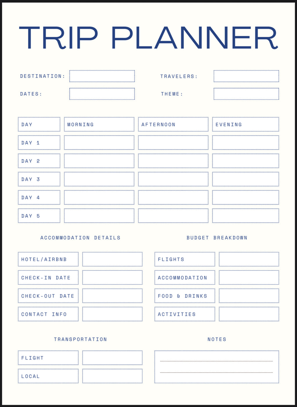 Trip planner form with various sections for travel details