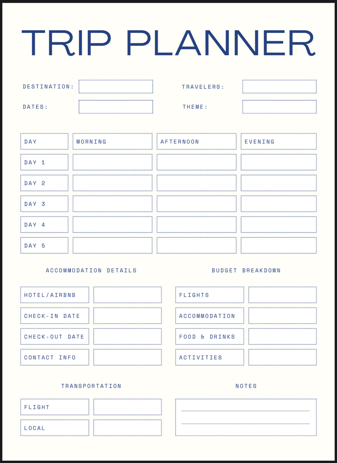 Trip planner form with various sections for travel details