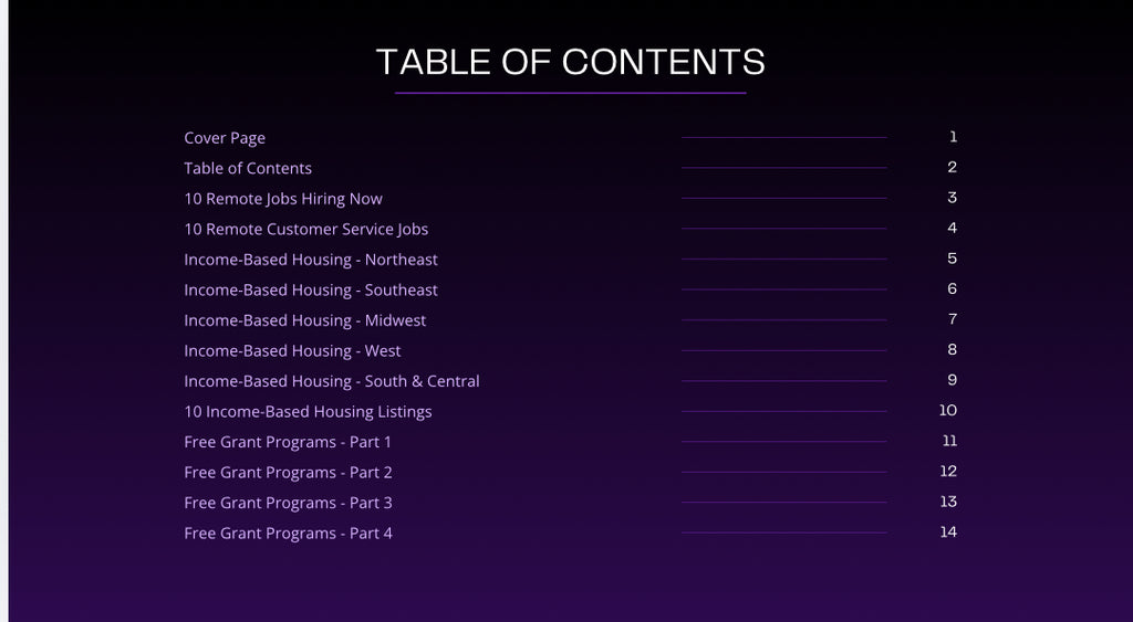 Table of contents for a document on a dark background