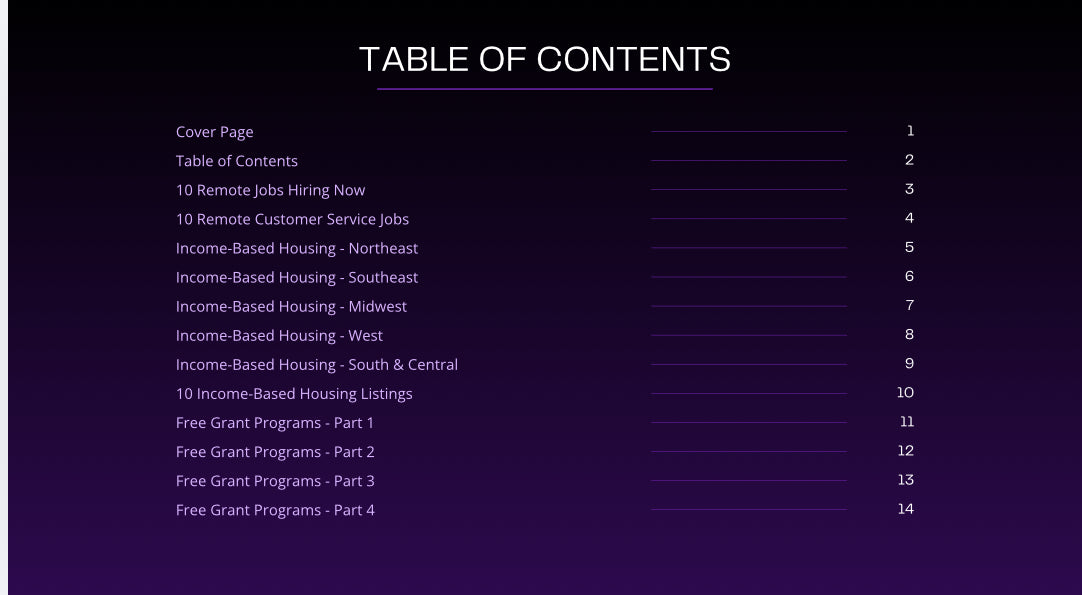 Table of contents for a document on a dark background