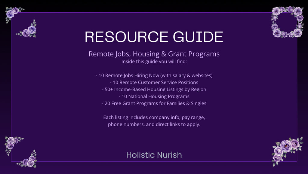Resource guide for remote jobs, housing, and grant programs on a purple background with floral decorations.