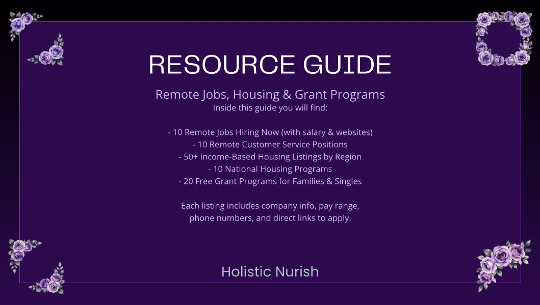 Resource guide for remote jobs, housing, and grant programs on a purple background with floral decorations.