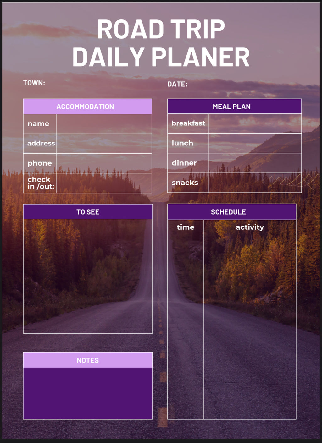 Road trip daily planner with a scenic road background