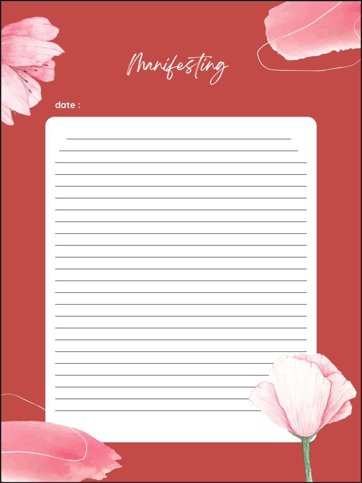 Notebook with 'Manifesting' text on a red background with pink floral elements