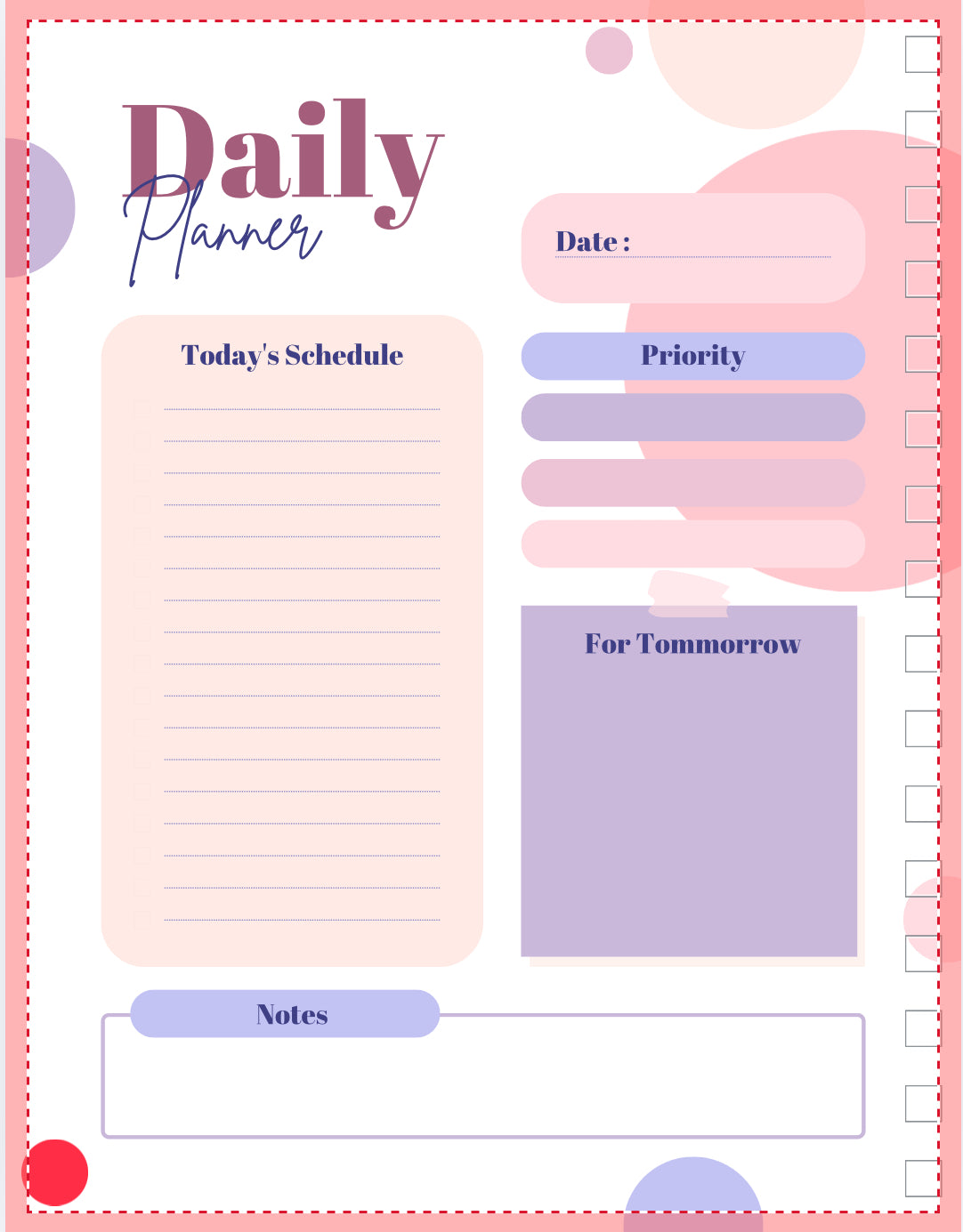 Daily planner with sections for today's schedule, priority, and notes on a pink and purple background.