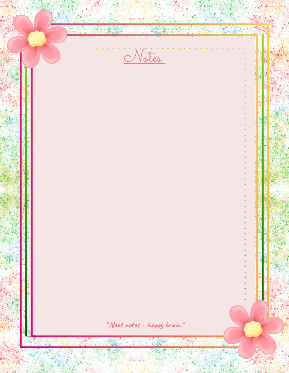Notebook page with floral design and 'Notes' text on a colorful background