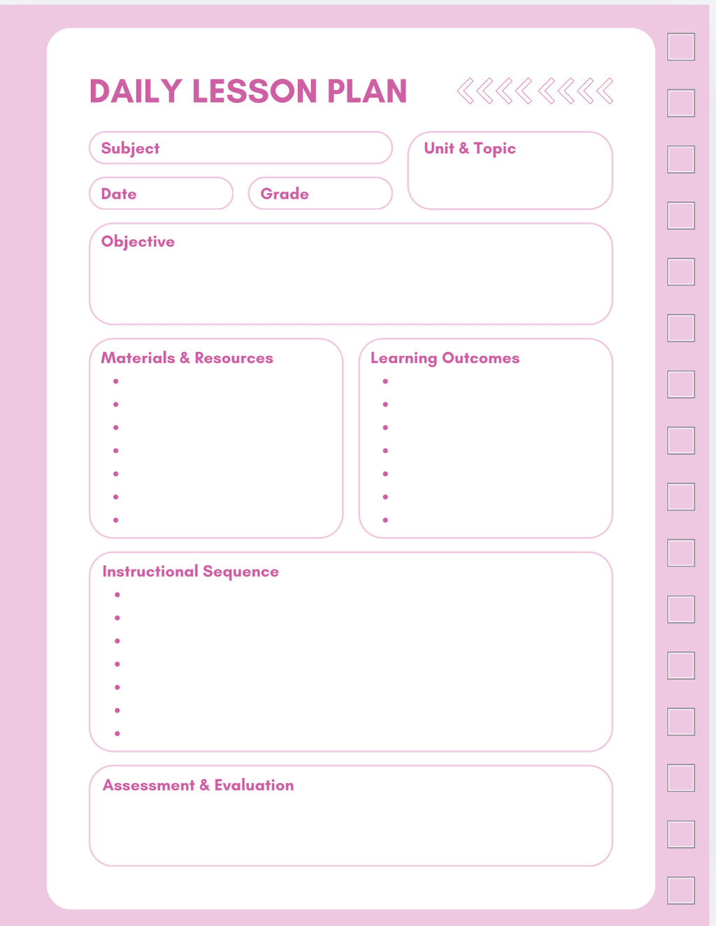 Daily Lesson plan with an objective section, material & resources, learning outcomes, instructional sequence, and assessment and evaluation section