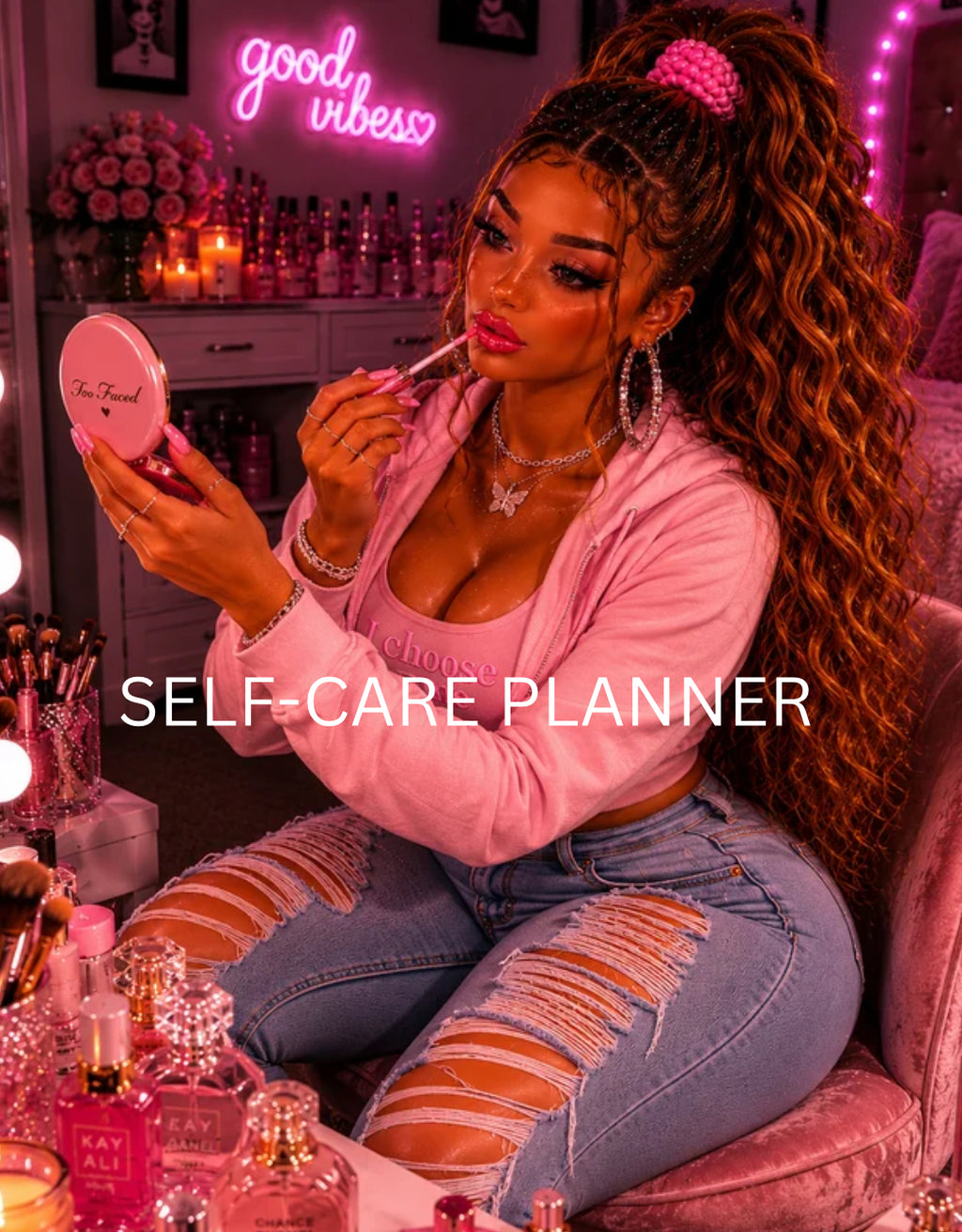 Self-Care Planner with lightskin women with light brown wavy long hair doing makeup sitting at her vanity